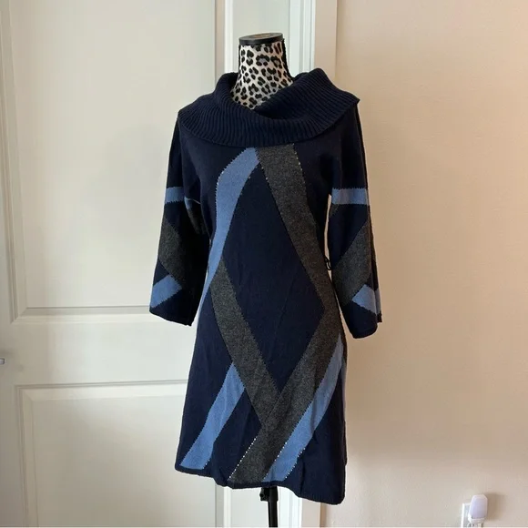 Dkny color block plaid cowl turtle neck sweater dress vintage 90s